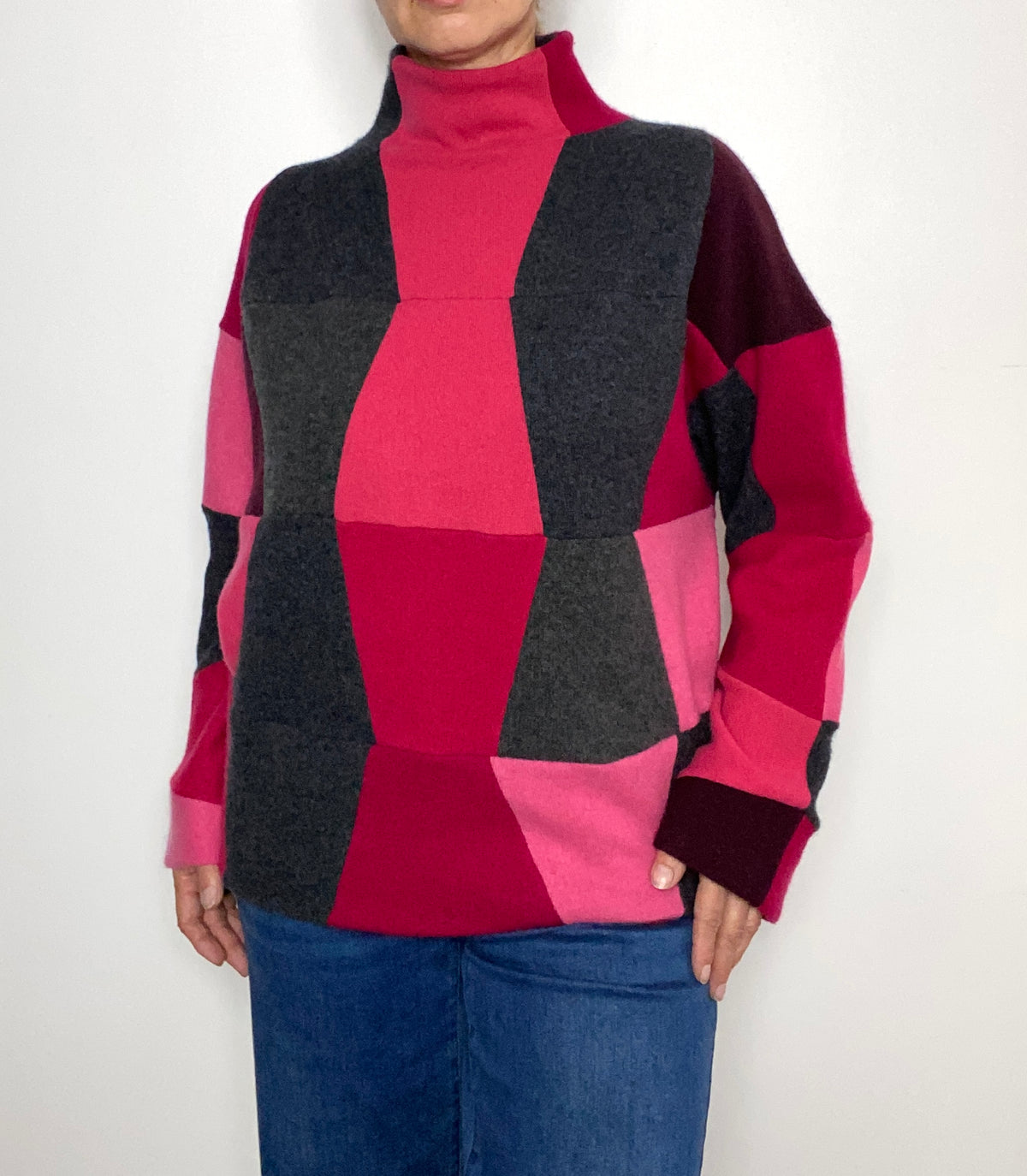 100% Cashmere Patchwork Jumper – Handmade Pink & Grey