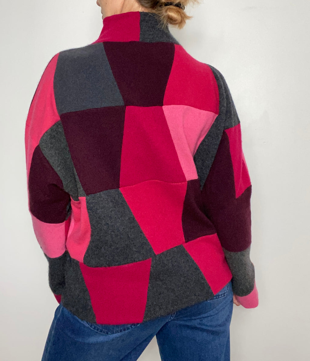 100% Cashmere Patchwork Jumper – Handmade Pink & Grey