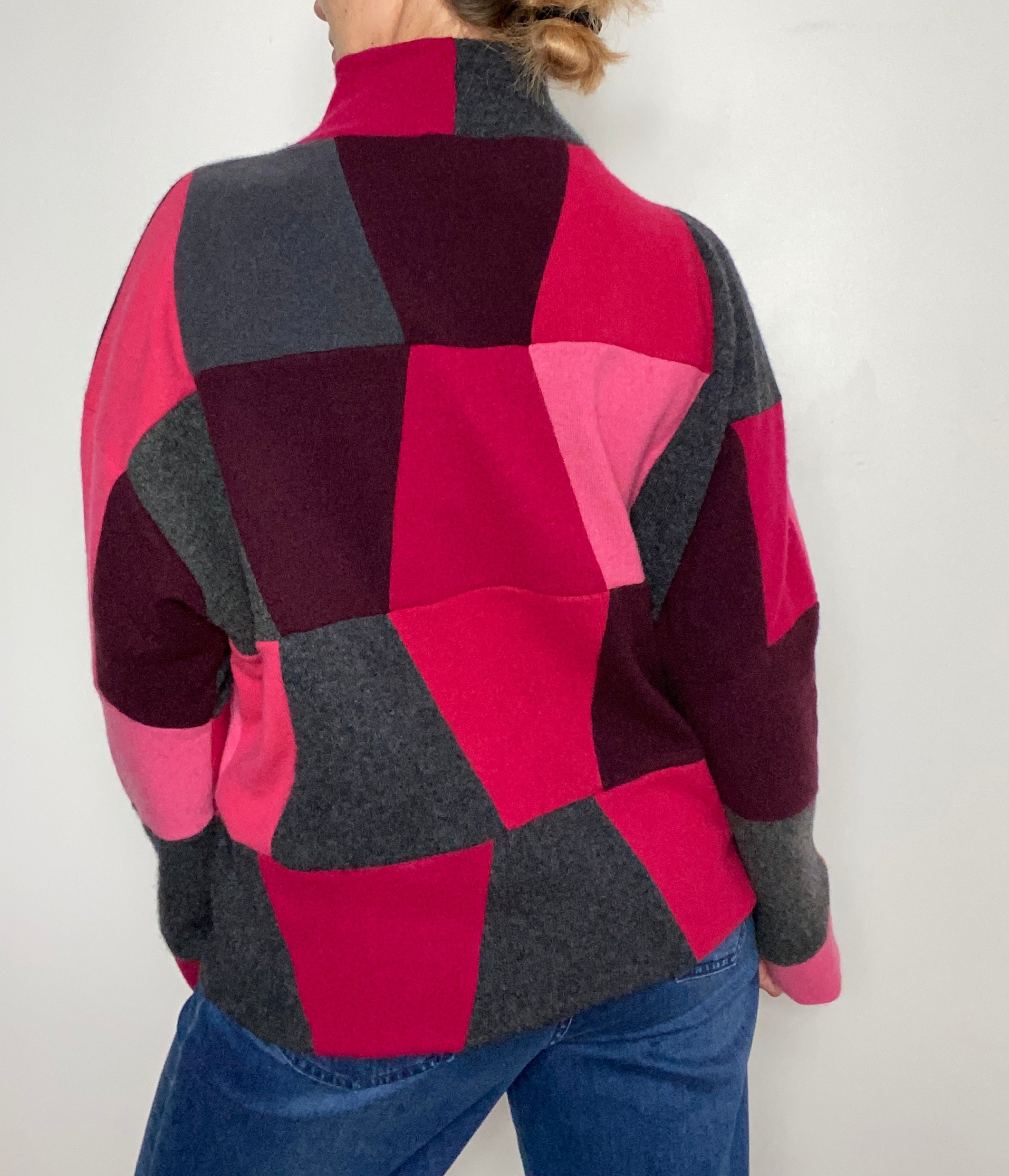 100% Cashmere Patchwork Jumper – Handmade Pink & Grey