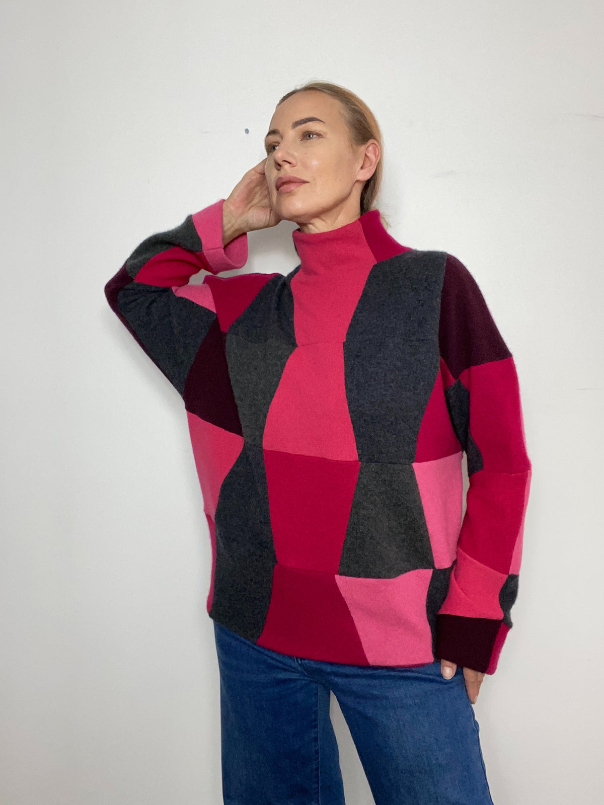 100% Cashmere Patchwork Jumper – Handmade Pink & Grey