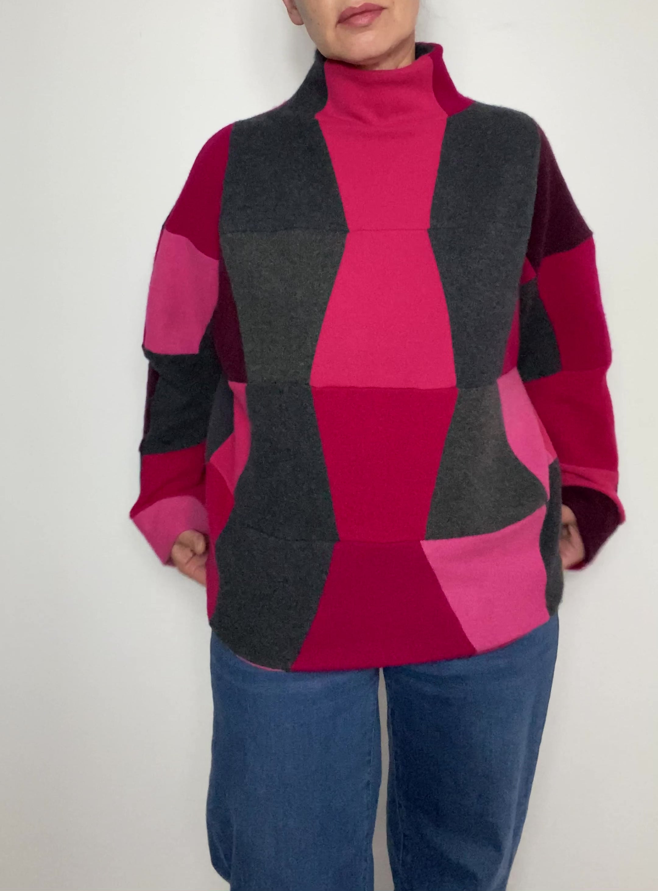 100% Cashmere Patchwork Jumper – Handmade Pink & Grey